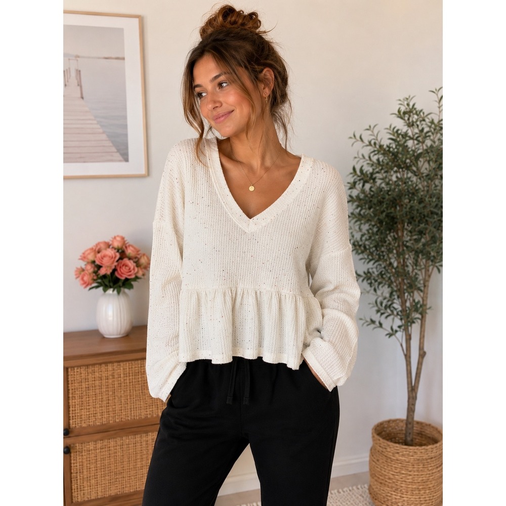 V-Neck Cream Confetti Peplum Knit Top